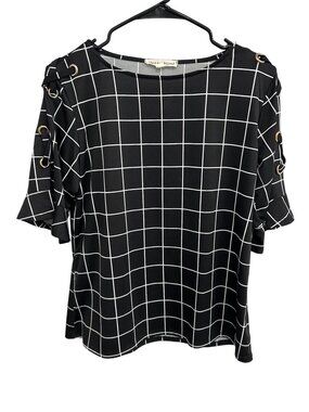 Above And Beyond Black White Grid Print Blouse Grommet Sleeve Detail Sz M